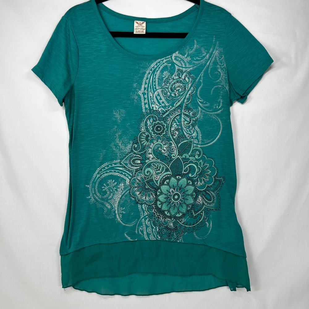Y2K Faded Glory Teal Green Floral Rhinestone High-Low T-Shirt L (12-14)